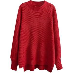 Ladies Elegant Knit Sweater Lantern Sleeve Women Oversized-Size M-Red